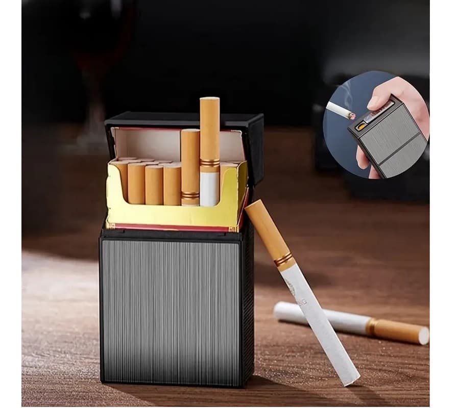 PAPIEROŚNICA Z ZAPALNICZKĄ MĘSKA USB NA 20 PAPIEROSÓW WIELOFUNKCYJNA 2W1