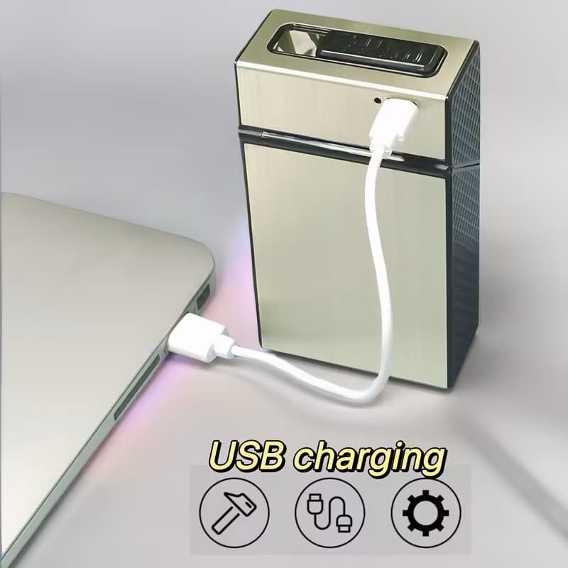 PAPIEROŚNICA Z ZAPALNICZKĄ MĘSKA USB NA 20 PAPIEROSÓW WIELOFUNKCYJNA 2W1