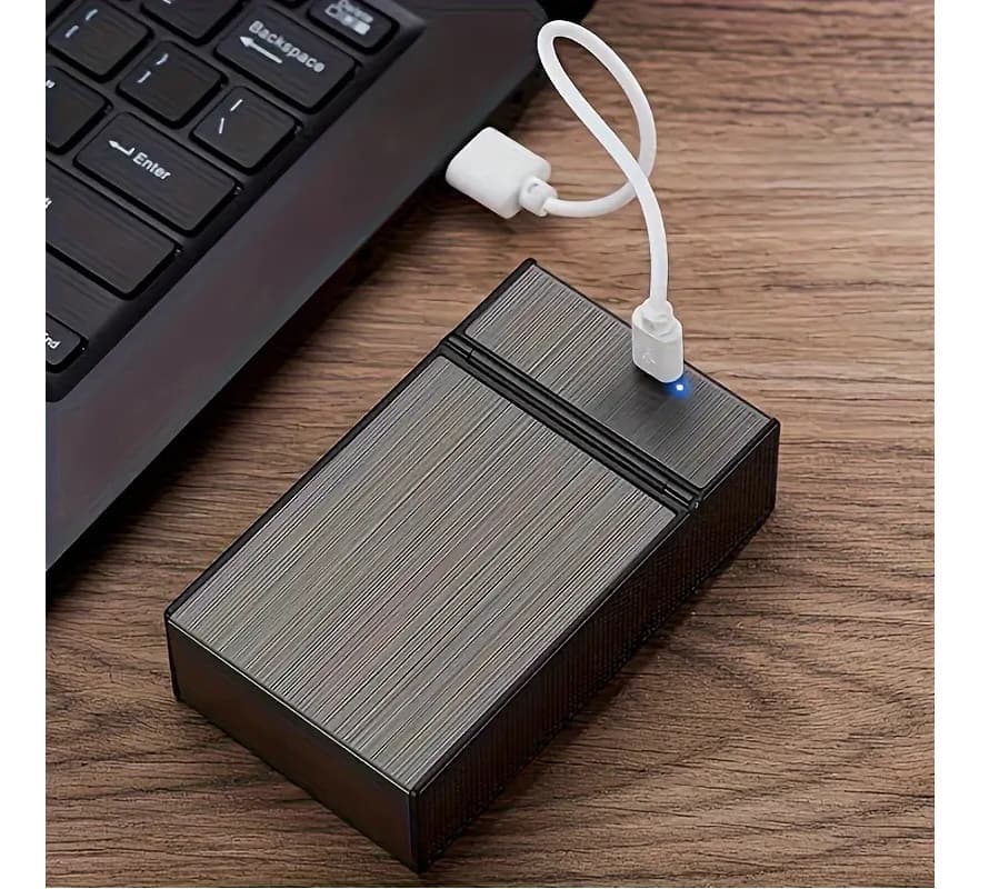 PAPIEROŚNICA Z ZAPALNICZKĄ MĘSKA USB NA 20 PAPIEROSÓW WIELOFUNKCYJNA 2W1