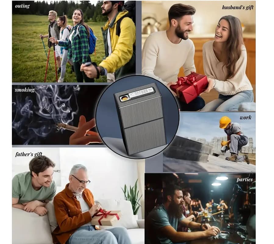PAPIEROŚNICA Z ZAPALNICZKĄ MĘSKA USB NA 20 PAPIEROSÓW WIELOFUNKCYJNA 2W1