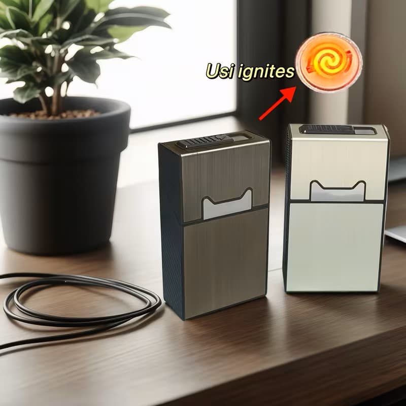 PAPIEROŚNICA Z ZAPALNICZKĄ MĘSKA USB NA 20 PAPIEROSÓW WIELOFUNKCYJNA 2W1