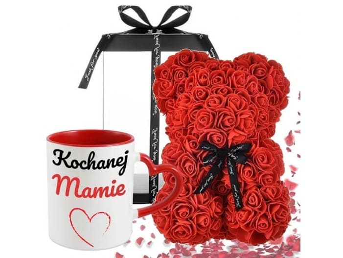 Prezent dla mamy zestaw prezentowy na dzień matki kubek +miś z róż
